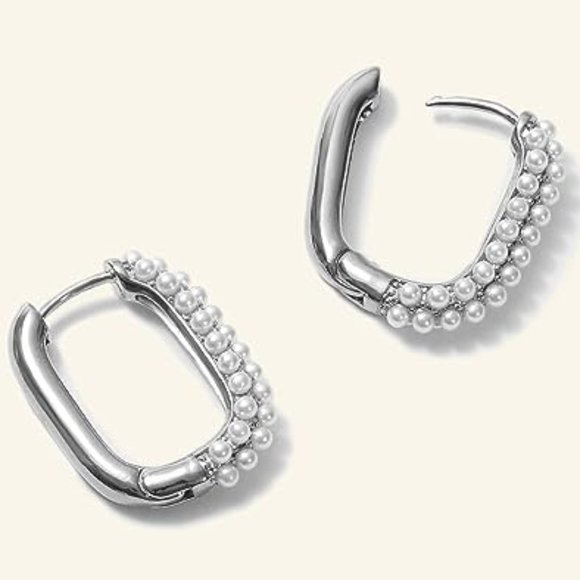 Silver w/ Pearl Rectangle Hoops Rectangular Pretty Hoop Earrings Pave Pearls New - Picture 1 of 9